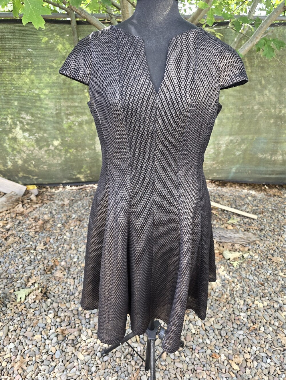 Black A-Line V-Neck Metallic Gold Fit & Flare Dress Modern Cocktail Gothic Glam